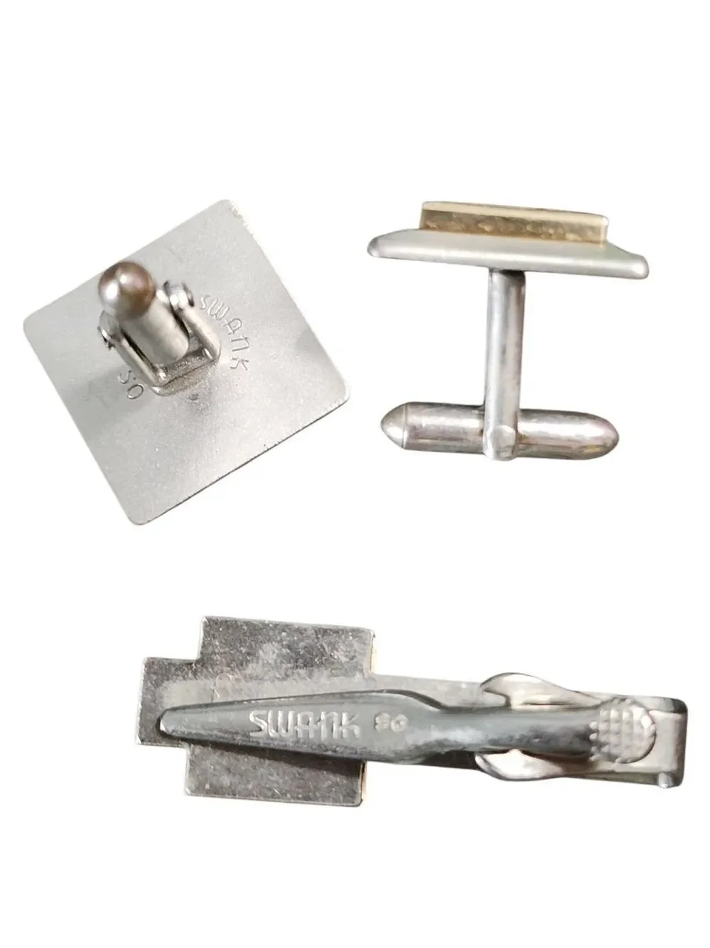 Swank Vintage Gold Pewter Square Initial T Cufflink Tie Clip Set